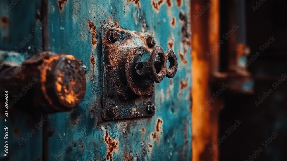 Poster close up view of a rusty door lock mechanism