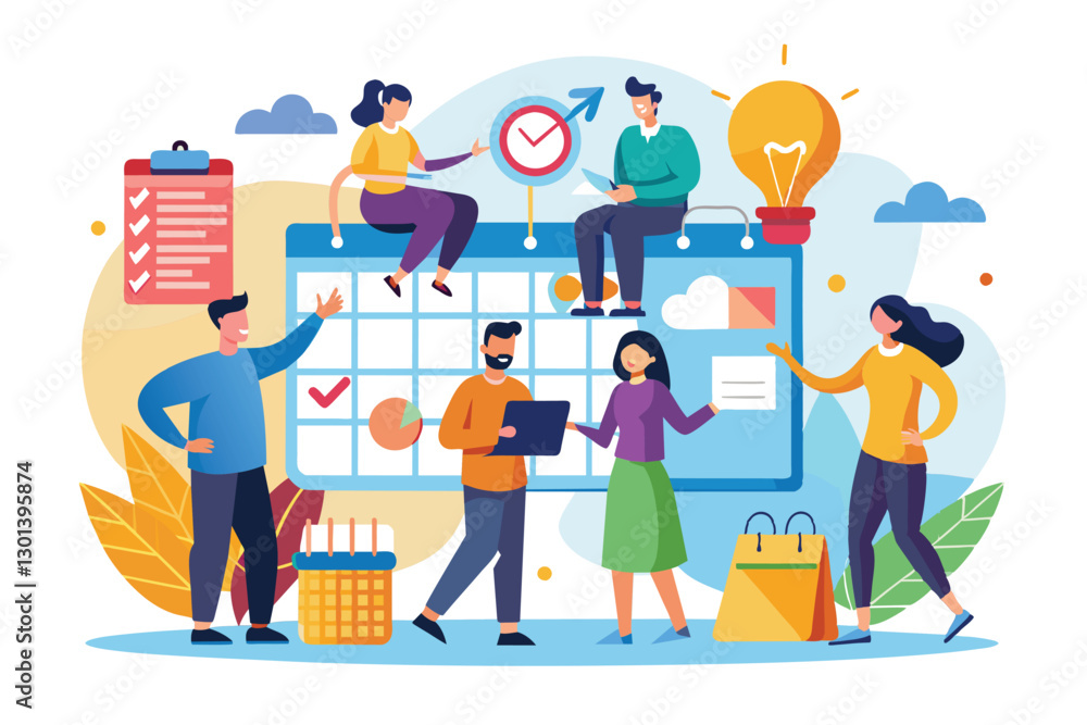 Poster a group of individuals collaboratively scheduling tasks and brainstorming ideas in a vibrant office 