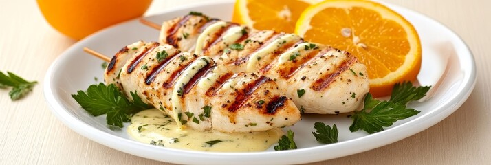 Grilled Chicken Skewers with Orange Glaze - Delicious grilled chicken skewers, drizzled with a creamy orange glaze, garnished with fresh parsley. Symbolizing summer, healthy eating, flavor, freshness