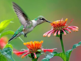 Fototapeta premium Close-Up of a Hummingbird Feeding on a Pink Blossom