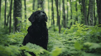 Majestic Newfoundland Dog standing in lush green forest - Premium Stock Photo