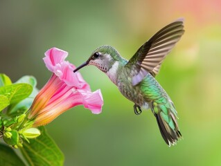 Fototapeta premium Hummingbird Drinking Nectar from a Pink Flower