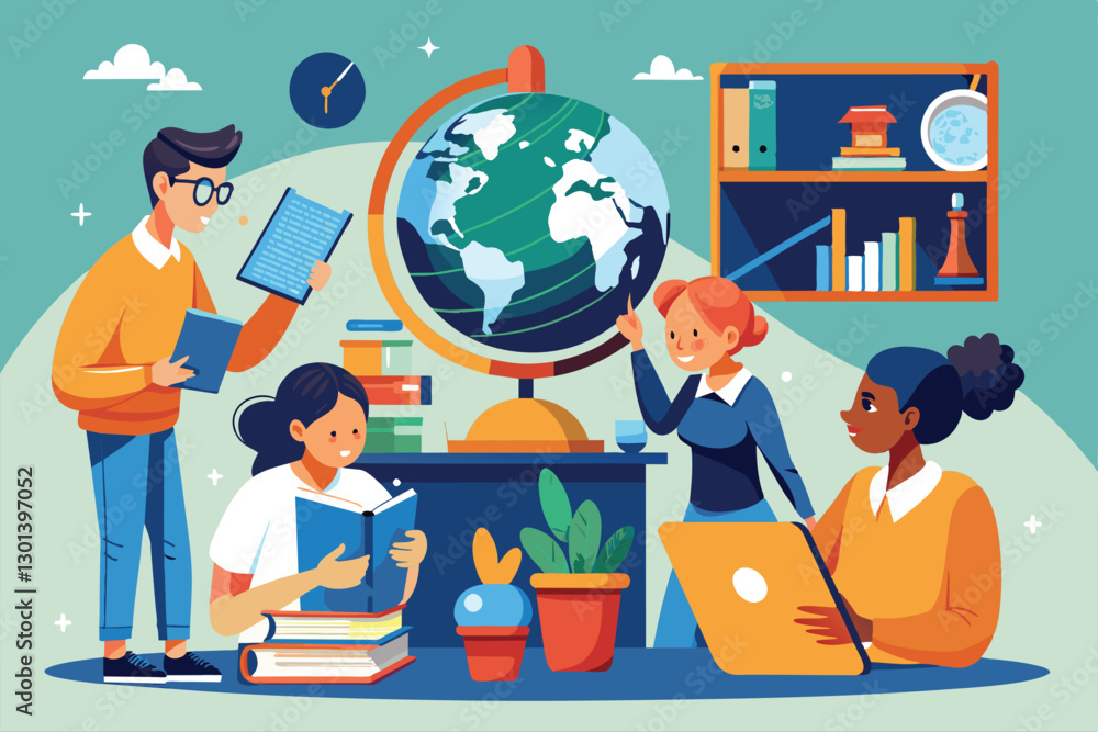 Poster a group of students is studying a globe, discussing scientific concepts and sharing information, peo
