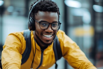 Fototapeta premium Happy Student with Headphones - A smiling young Black man wearing headphones and glasses