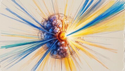 Obraz premium Bright light radiates from center sphere. Blue and yellow color pencil lines extend outward in all directions, abstract drawing.