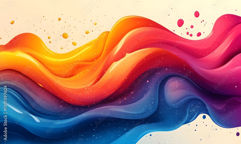 Poster abstract multicolored fluid waves with tiny sparkling dots on a cream background