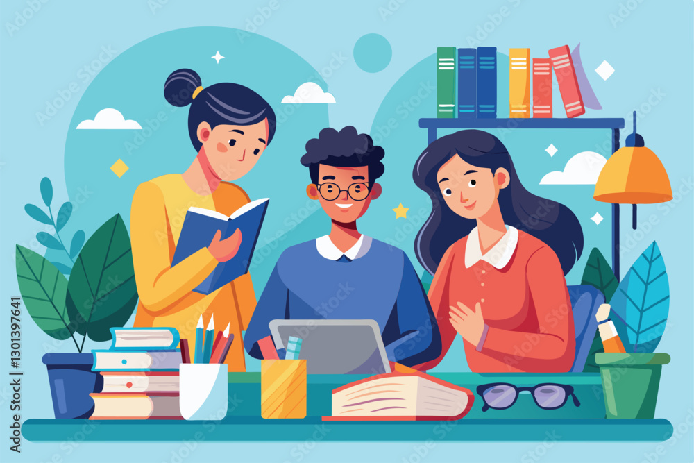 Poster a group of students is studying together in a bright and inviting workspace filled with books and pl