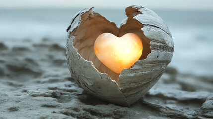A surreal image of a heart glowing inside a cracked shell, representing healing, selfworth, and emerging confidence