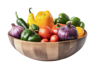 Fresh and colorful vegetables in a wooden bowl for healthy cooking and meal preparation, cut out