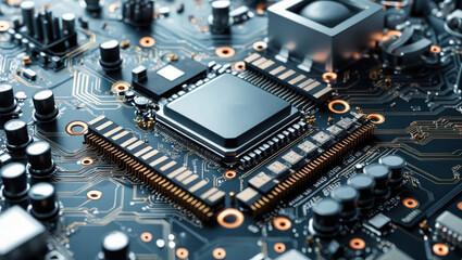 Dark blue printed circuit board shows computer chip and electronic components. Golden traces connect parts on detailed surface.