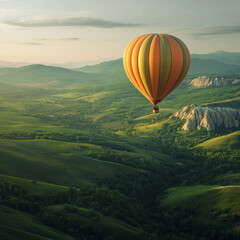 Fototapeta premium Hot Air Balloon Hovering Gracefully Over Lush Green Valley, Creating Aerial Perspective And Adventure Vibes