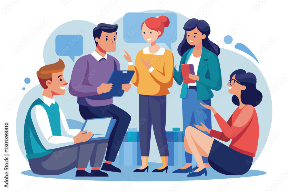 Poster a group of five individuals engages in conversation about project guidelines in a friendly setting, 