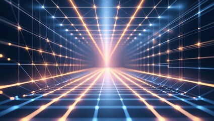 Blue orange light grid tunnel. Glowing lines form geometric structure. Abstract network graphic design concept.