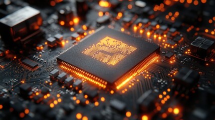 Close-up of a futuristic microchip with glowing circuits, ultra-detailed, high-tech aesthetics