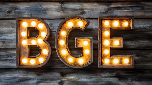 Illuminated Letters BGE on Rustic Wood - Glowing marquee letters spelling BGE against a dark wood background. Perfect for retro, vintage, or business themes