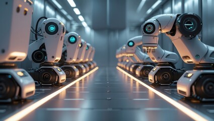 Obraz premium White robots stand in row inside gray room. Each has blue light on front. Light shines from ground.