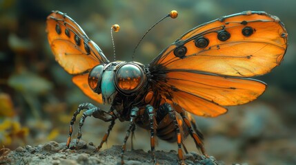 Detailed shot of a robotic insect with hyper-realistic mechanical wings