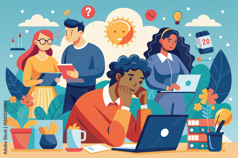 Poster four individuals are intently focused on their tasks, brainstorming ideas and solving problems in a 