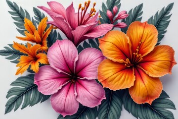 Vibrant Floral Arrangement with Tropical Hibiscus and Leaves
