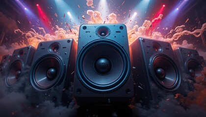 Sound Symphony: Loudspeakers blast sound amid vibrant lights and an intriguing smoky atmosphere, a feast for the ears and eyes. 