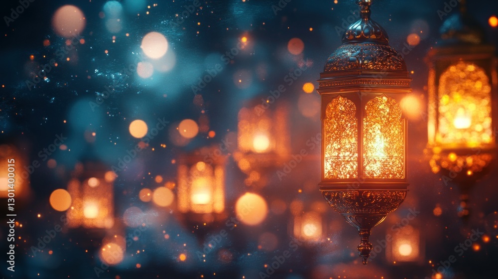 Poster several illuminated lanterns are shown with soft glowing bokeh lights