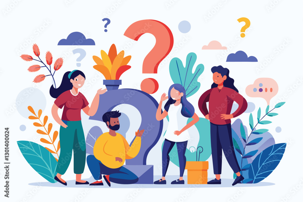 Poster a group of individuals actively asks questions and shares ideas while collaborating in a vibrant set