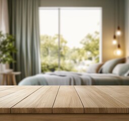 Empty wooden table in blurred bedroom.