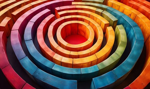 A Vibrant Labyrinth: Colorful Wooden Maze with Spiraling Design and Central Focus - Powered by Adobe