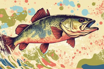 Fototapeta premium Leaping Largemouth Bass Illustration - A vibrant illustration of a largemouth bass leaping from the water, symbolizing freedom, power, nature, aquatic life, and the thrill of fishing