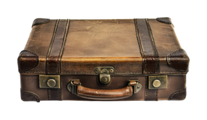 Vintage leather suitcase with sturdy handle and brass accents ideal for travel or decoration, cut out