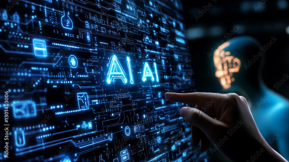 Poster a hand pointing at the word ai on a computer screen