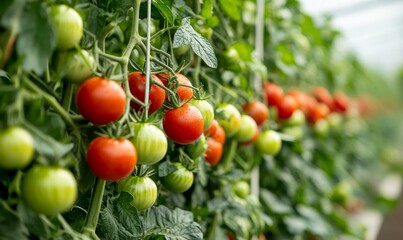 Ripe tomatoes growing on lush green vines.