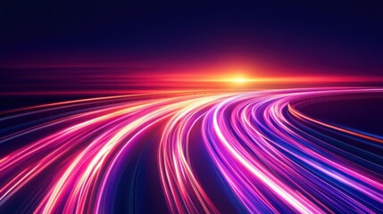 Glowing neon light trails curving along a modern highway road