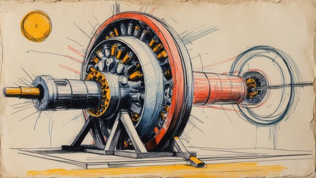 Engine blueprint sketch on paper. Large motor shows silver metal and orange highlights. Lines extend out and show machine form on light background.