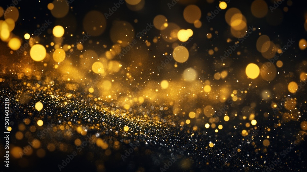 Poster golden bokeh light particles floating on a dark background surface