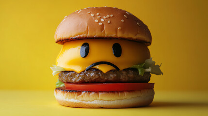 A melting burger transforming into a sad face, representing the negative psychological effects of excessive processed food consumption