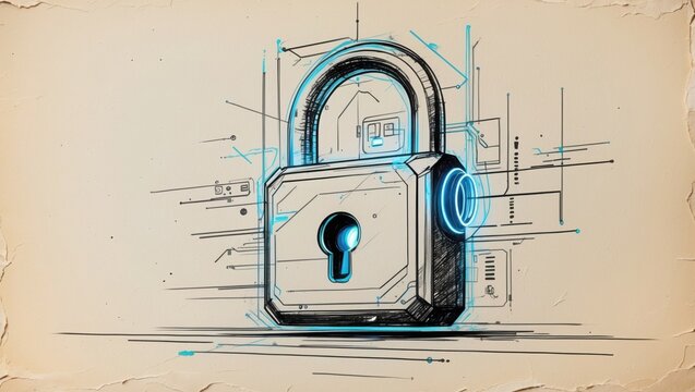Lock drawing with light blue accents, concept art sketch. Lines and shapes present data security on old beige paper background.
