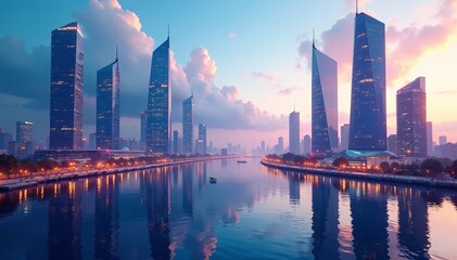 Fototapeta premium Futuristic cityscape with glass skyscrapers and reflective surfaces, architecture, high-rise