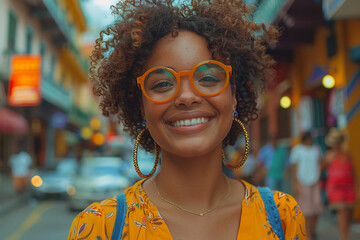 Smiling Woman with Glasses in Lively City Street, Curly Hair and Yellow Dress