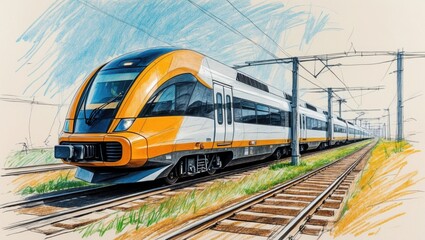 Naklejka premium Orange Train Sketch on Rails, modern commuter train moves forward on tracks. Hand drawn railway transport and blue sky, light background. Transportation concept.