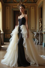 A stunning woman wears an 18th-century Rococo-inspired gown redesigned with a sleek, modern silhouette