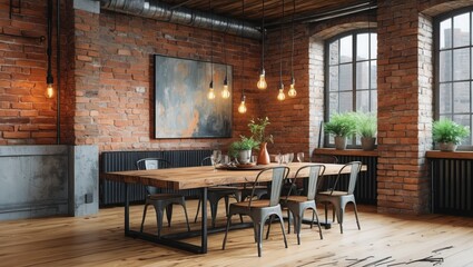 Fototapeta premium Dining room interior with wood table and metal chairs inside loft apartment. Brick walls, window, potted plants and light bulbs create warm atmosphere.