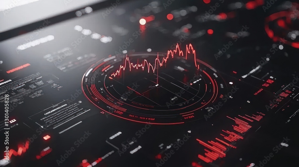 Poster cyberpunk stock market data visualization: red and black digital dashboard displaying financial char