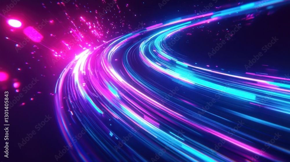 Poster colored light trails creating a curving pattern through the dark space