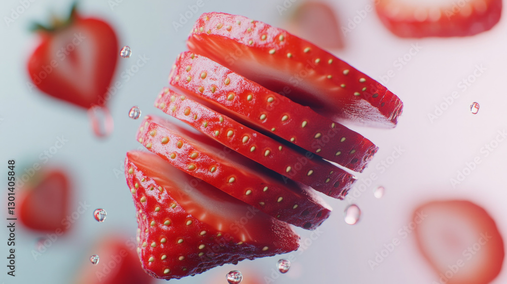 Poster a close up of a strawberry with a slice missing