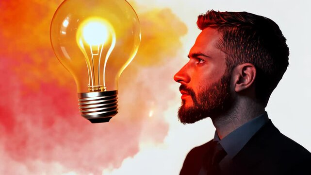 Innovative Business Solutions Concept with Profile of Man and Glowing Light Bulb Symbolizing Creativity and Problem Solving in Modern Art Collage