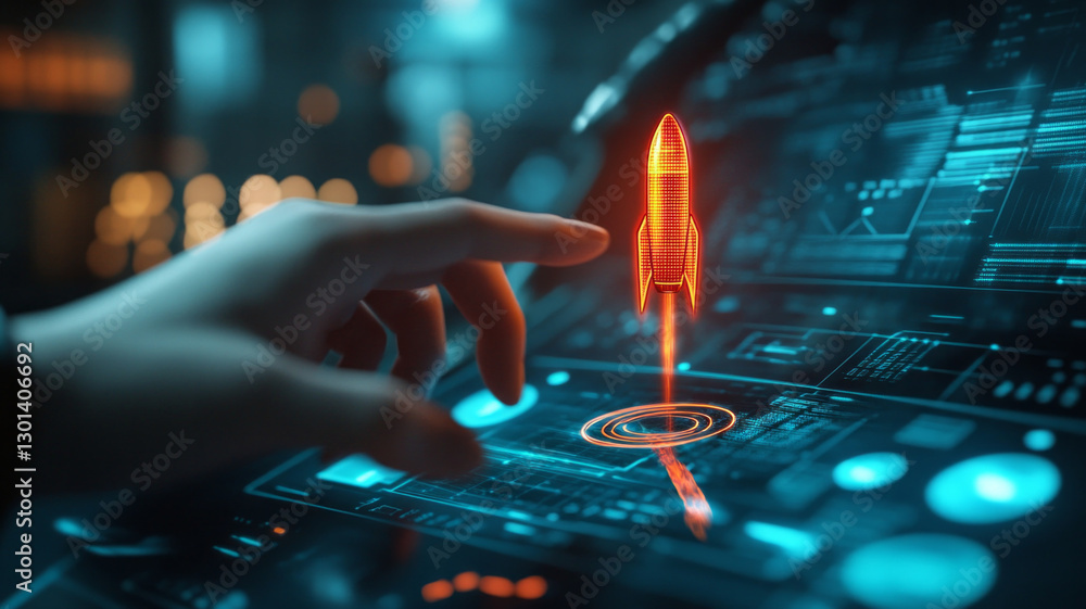 Poster a hand is pointing at a rocket on a computer screen