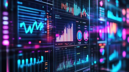 Fototapeta premium Abstract data visualization displays financial charts with neon colored displays