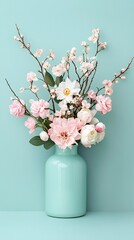 Easter Holiday, Easter Concept, Pastel Pink and White Flowers in a Teal Vase Spring Floral Arrangement Home Decor