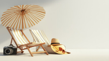 Two beach chairs with a striped umbrella and a straw hat on top of them